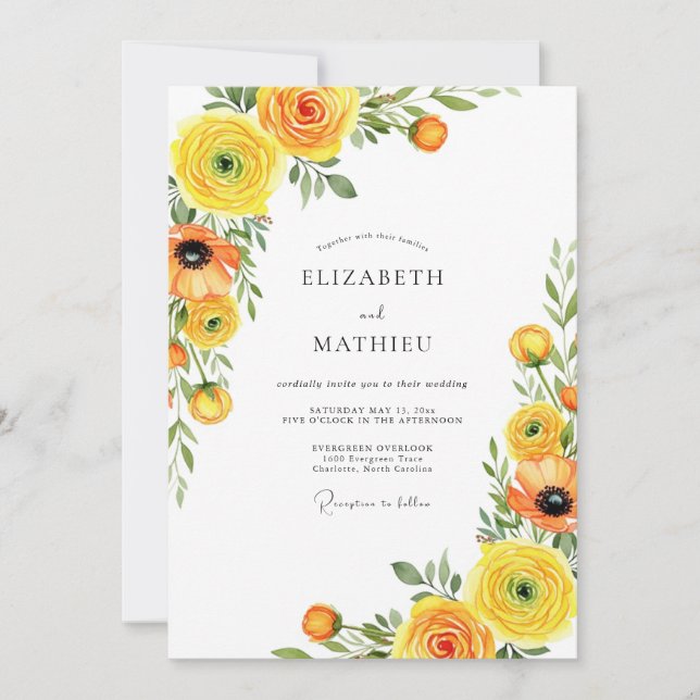 Yellow Blooming Romance Wedding Invitation (Front)