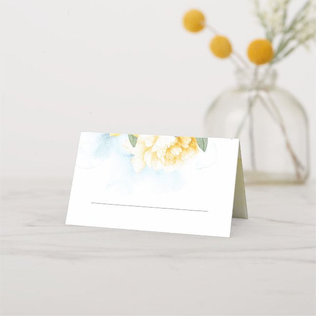 Yellow Blossom Dusty Blue Wedding Place Card (Front)