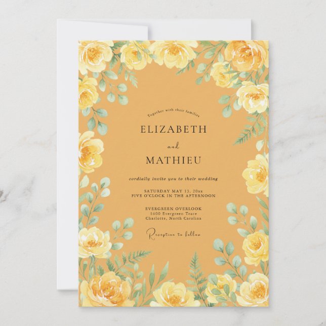 Yellow Blossom Romantic Flourish Wedding Invitation (Front)