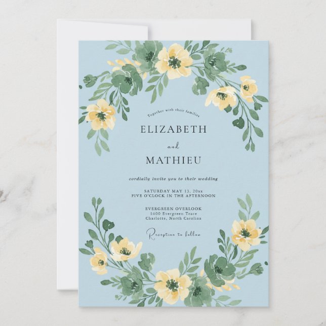 Yellow Blossom Wreath Wedding Invitation (Front)