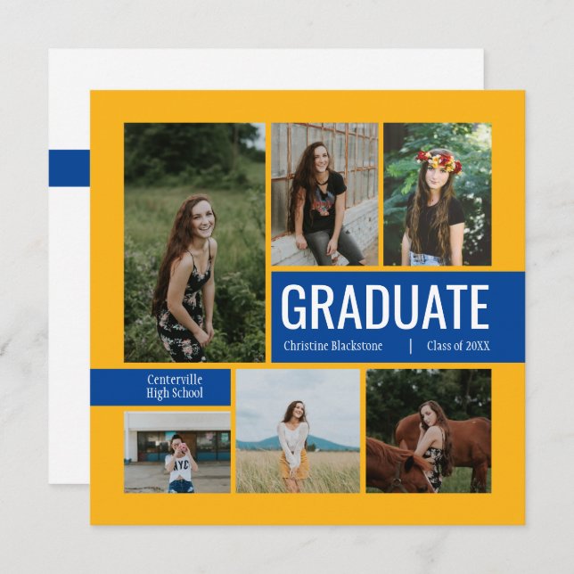 Yellow & Blue 6 Photo Graduation Invitation (Front/Back)