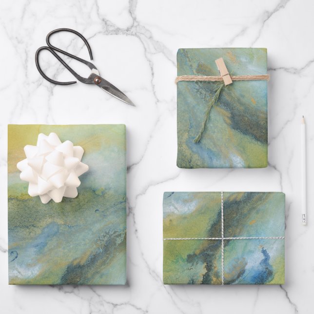 Yellow Blue Abstract Marble Pattern Wrapping Paper Sheet (Front)