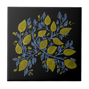 Yellow, blue and black lemon vines tile