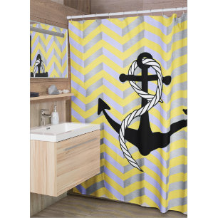Yellow Blue and Grey Nautical Anchor Chevron Shower Curtain