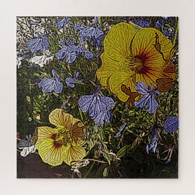 yellow blue and white flowers in abstract style jigsaw puzzle (Vertical)