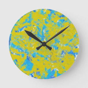Yellow, Blue and White Swirls  Round Clock