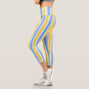 Yellow Blue and White Vertical Stripes Pattern Capri Leggings