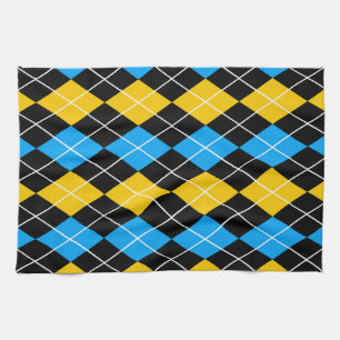 Yellow Blue Black Argyle Diamond Design Tea Towel