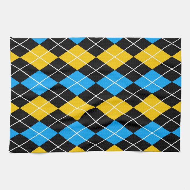 Yellow Blue Black Argyle Diamond Design  Tea Towel (Horizontal)