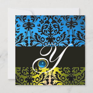 YELLOW BLUE BLACK DAMASK MONOGRAM Sapphire Invitation