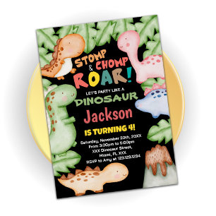 Yellow Blue Black Dinosaur Birthday Invitations