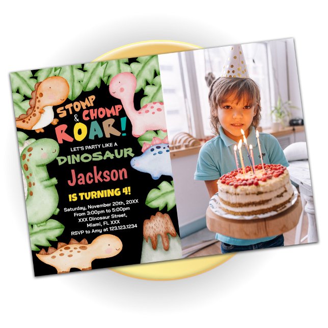 Yellow Blue Black Dinosaur Birthday with photo Invitation (Creator Uploaded)