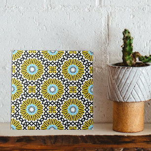 Yellow Blue Black & White Mosaic Geometric Pattern Ceramic Tile