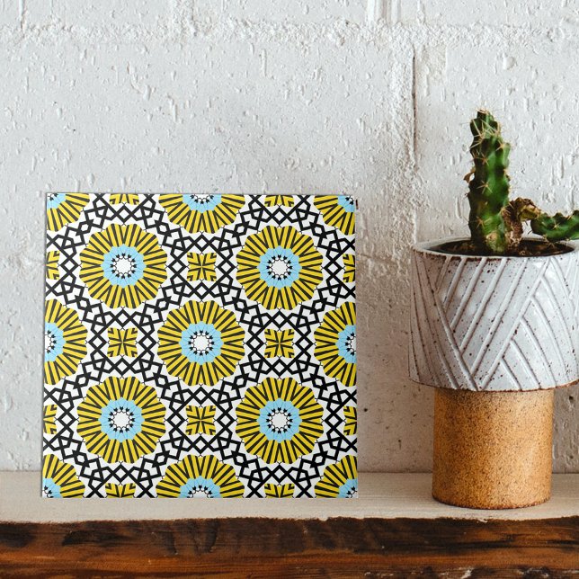 Yellow Blue Black & White Mosaic Geometric Pattern Ceramic Tile (Creator Uploaded)
