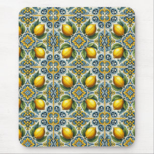 Yellow Blue Capri Lemon Mediterranean Tile Pattern Mouse Pad