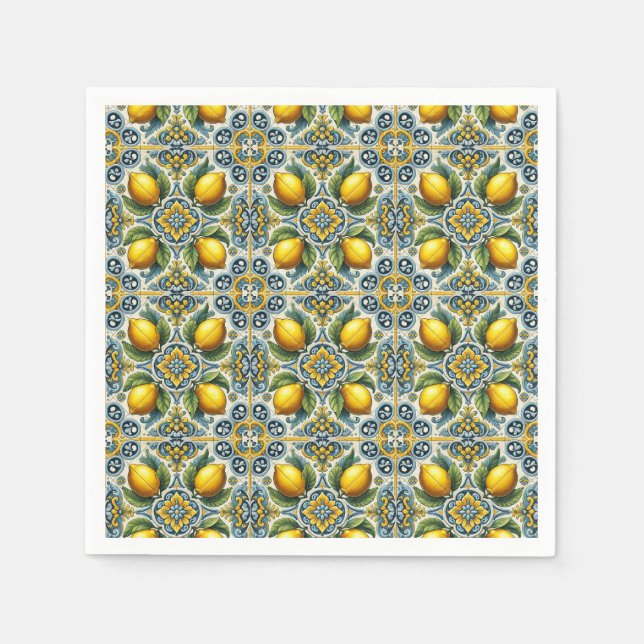 Yellow Blue Capri Lemon Mediterranean Tile Wedding Napkin (Front)