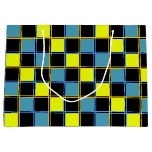 Yellow blue checkered geometric pattern large gift bag