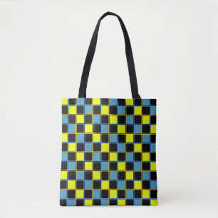 Yellow blue checkered geometric pattern  tote bag
