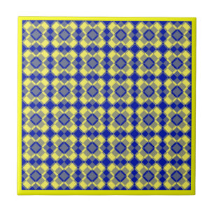 Yellow Blue Chequered Argyle Pattern Ceramic Tile
