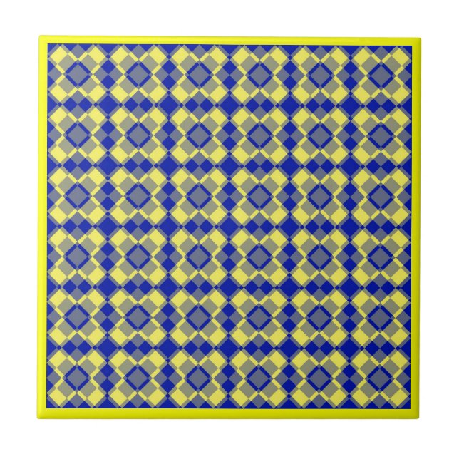 Yellow Blue Chequered Argyle Pattern Ceramic Tile (Front)