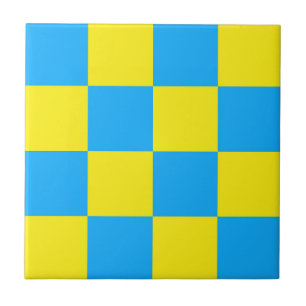 Yellow Blue Chequered Check Pattern Ceramic Tile