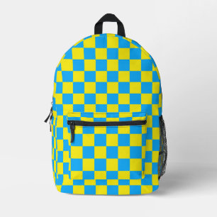 Yellow Blue Chequered Check Pattern Printed Backpack