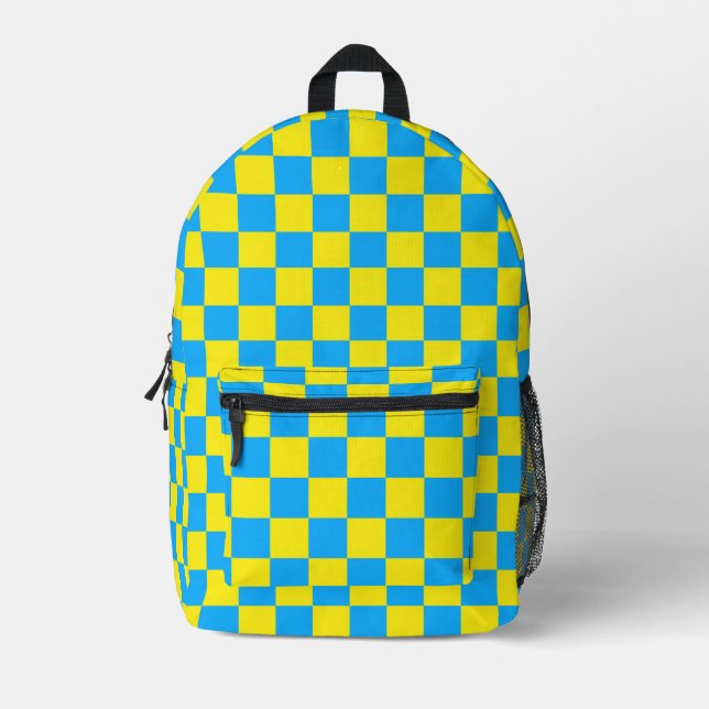 Yellow Blue Chequered Check Pattern Printed Backpack (Front)