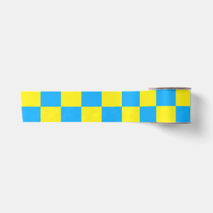 Yellow Blue Chequered Check Pattern Satin Ribbon