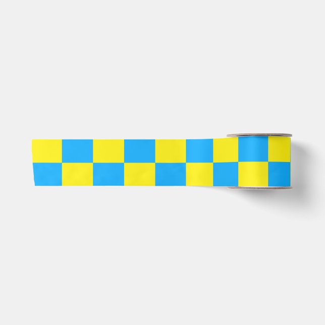 Yellow Blue Chequered Check Pattern Satin Ribbon (Front)