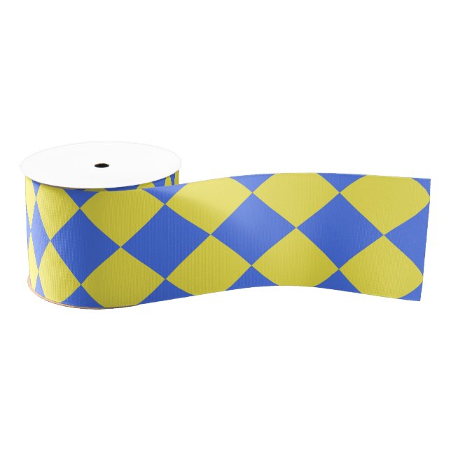 Yellow Blue Chequered Diamond Pattern Grosgrain Ribbon (Spool)
