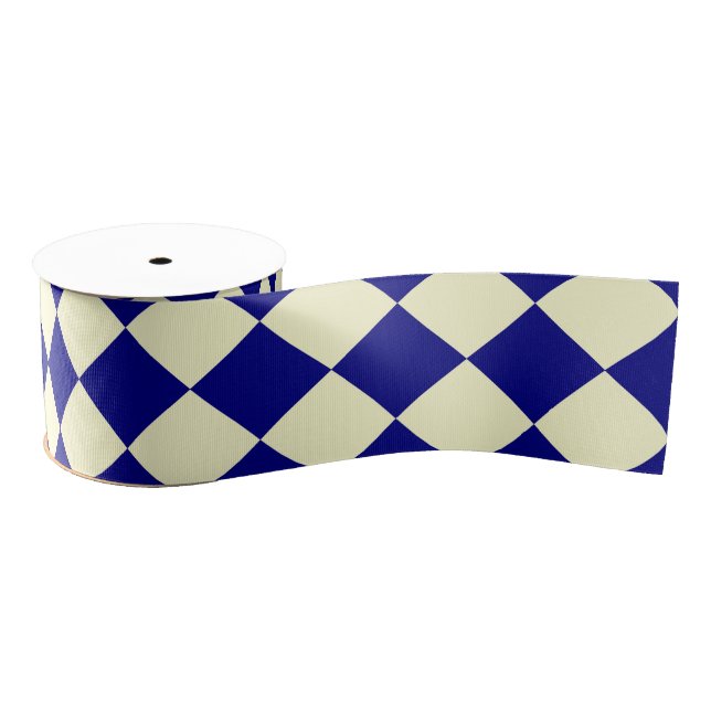 Yellow Blue Chequered Diamond Pattern Grosgrain Ribbon (Spool)