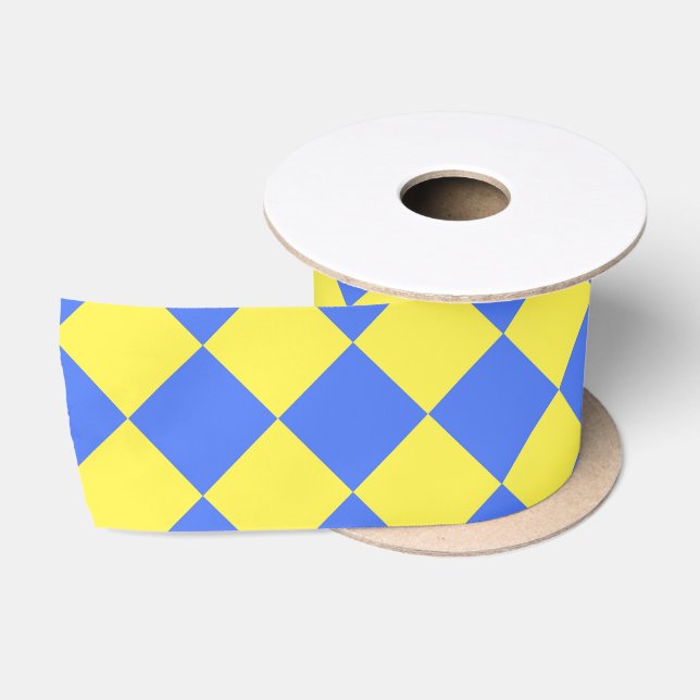Yellow Blue Chequered Diamond Pattern Satin Ribbon (Spool)