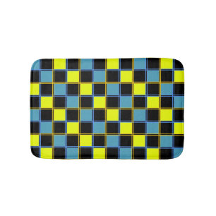 Yellow blue chequered geometric pattern bath mat