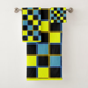 Yellow blue chequered geometric pattern  bath towel set