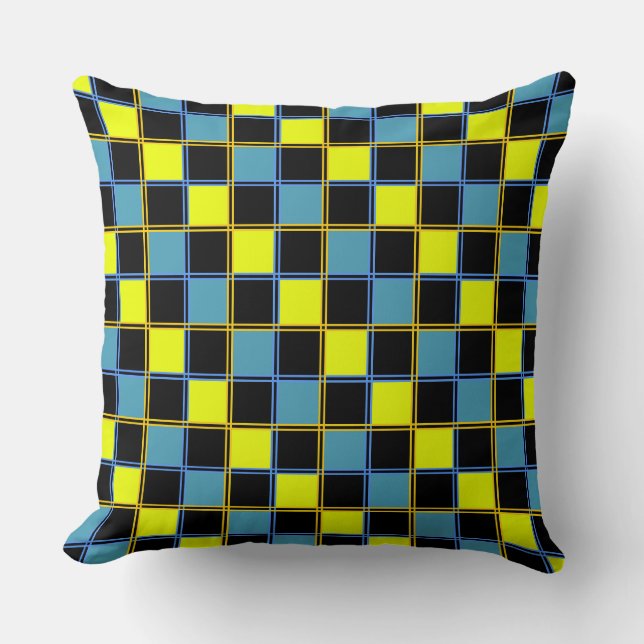 Yellow blue chequered geometric pattern cushion (Front)