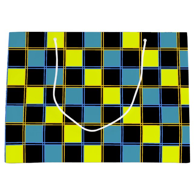 Yellow blue chequered geometric pattern large gift bag (Front)
