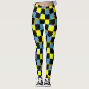 Yellow blue chequered geometric pattern leggings