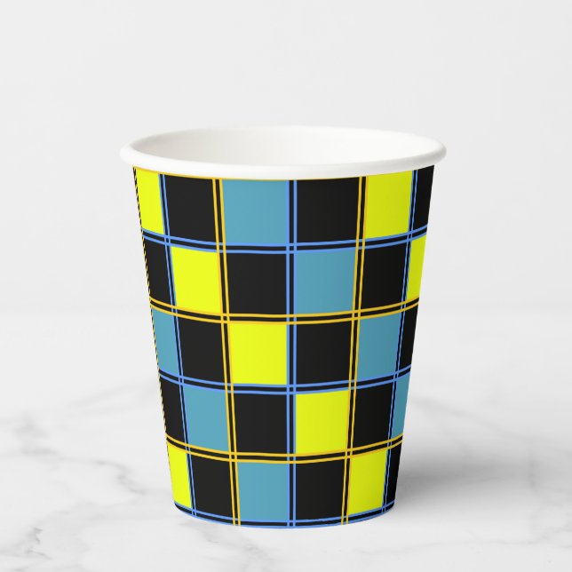 Yellow blue chequered geometric pattern  paper cups (Front)