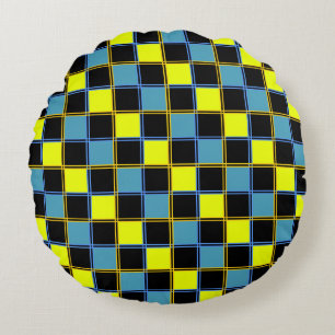 Yellow blue chequered geometric pattern  round cushion