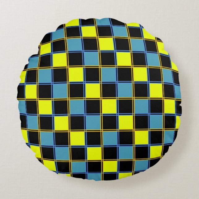 Yellow blue chequered geometric pattern  round cushion (Front)