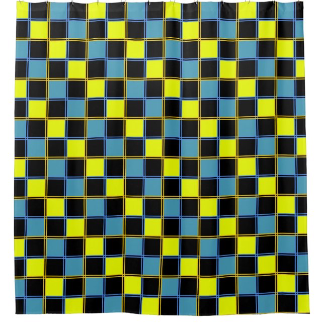 Yellow blue chequered geometric pattern  shower curtain (Front)