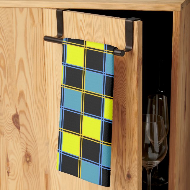 Yellow blue chequered geometric pattern  tea towel (Thirds Fold)