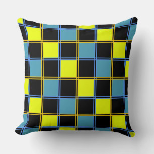Yellow blue chequered geometric pattern throw pill cushion