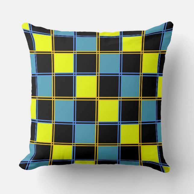 Yellow blue chequered geometric pattern throw pill cushion (Front)