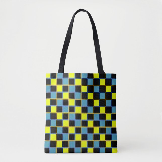 Yellow blue chequered geometric pattern  tote bag (Front)