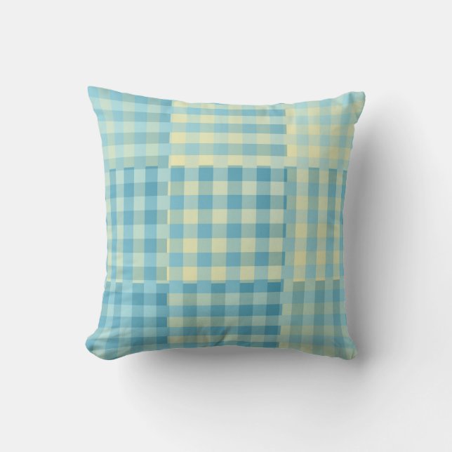 Yellow Blue Chequered Patchwork Pattern Cushion (Front)