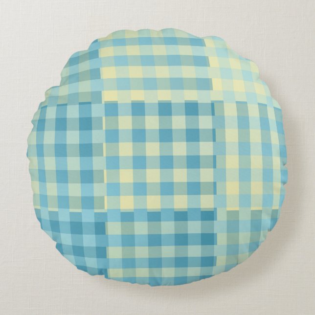 Yellow Blue Chequered Patchwork Pattern Round Cushion (Front)