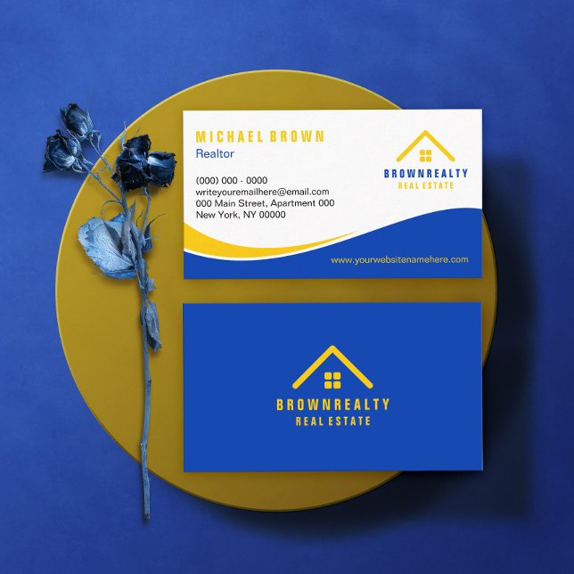 Yellow Blue Classy Roof and Window Logo Rent Home Business Card (Creator Uploaded)