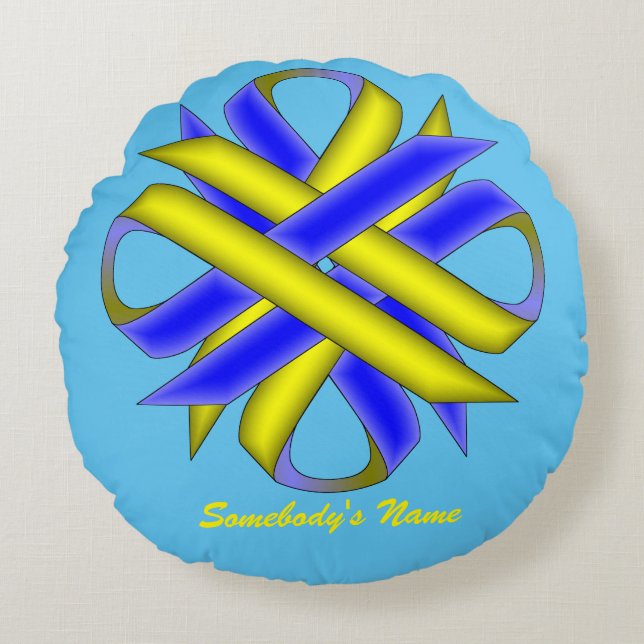 Yellow-Blue Clover Ribbon by Kenneth Yoncich Round Cushion (Front)