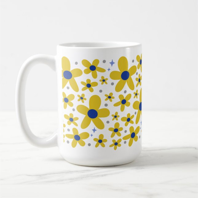 Yellow & Blue Daisy Flower Pattern Coffee Mug (Left)